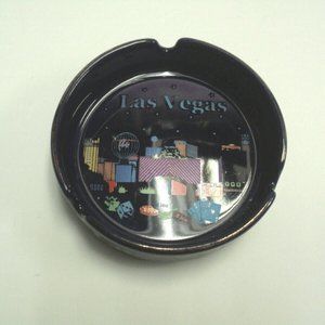 Las Vegas Glass Ashtray Navy Blue 3 3/4" Wide Casino Scenes Inside